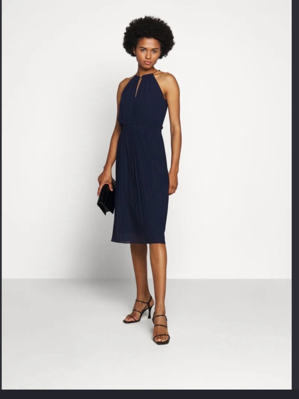 Sleeveless Navy Halter Pleated Midi Dress